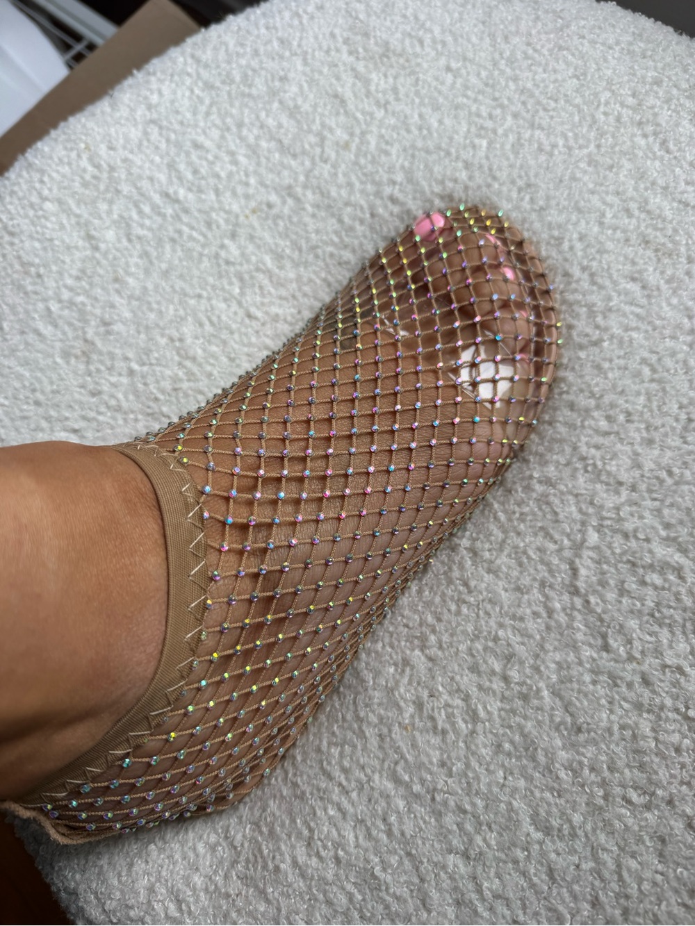 Rhinestone Mesh Sock Slip-On - Nude Glitter